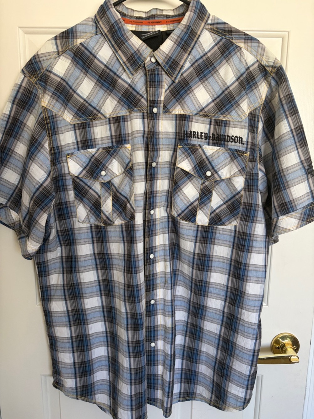 Harley-Davidson Men’s Short Sleeve White, Blue & Black Plaid Western Shirt